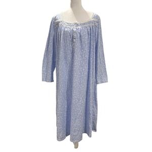 Eileen West Blue Floral Cotton Nightgown Lace Button Front Midi Large LS Cottage
